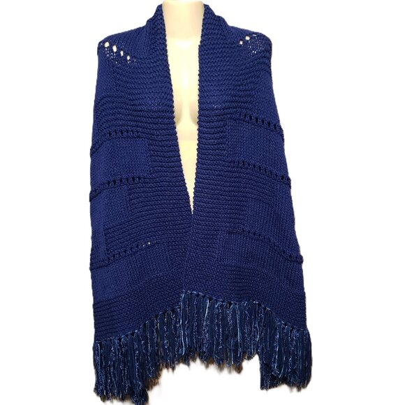 Graceful Garnet Accessories - NEW Navy Blue Mix Stitch Hand Knit Knitted Shawl Wrap Scarf Eyelet Topper